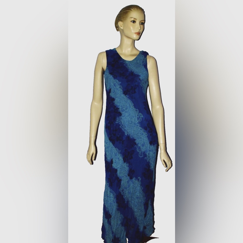 DJ INTERNATIONAL VTG SZ 9 10 S SMALL BLUE FLORAL SLEEVELESS MAXI SUMMER DRESS